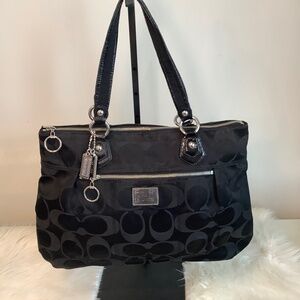 Coach Black Signature Jacquard Tote Bag w/ Patent Leather Trim & Pink Interior